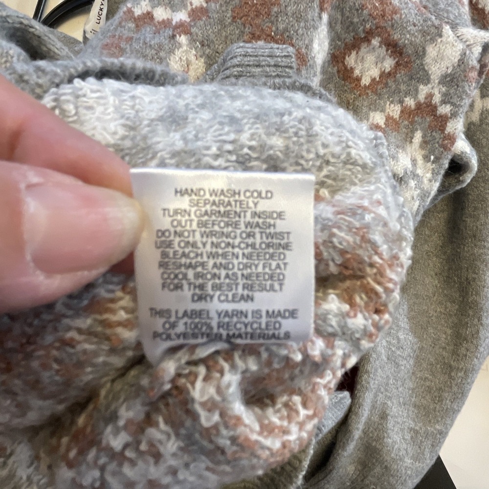 Lucky Brand Dress Women Large‎ Gray Pink Fair Isle Nordic Sweater Knit Tie Boho - Picture 13 of 13